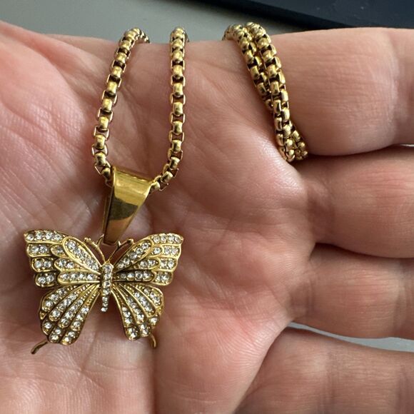 Butterfly Gold Tone Pendant Necklace Stainless Steel Gift Her Trendy - Picture 5 of 6